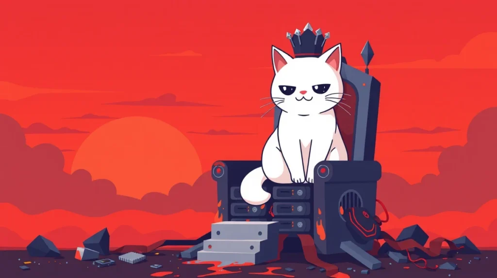 The AI Apocalypse: A Tier List of Doom 1 Illustration of a crowned white cat on a throne amid damaged computers under a red sky.