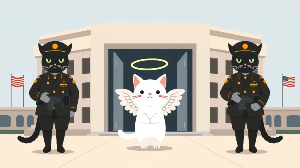 Anthropic Got Banned by the Pentagon for Having Ethics 1 Illustration of an angelic cat between two uniformed guard cats.