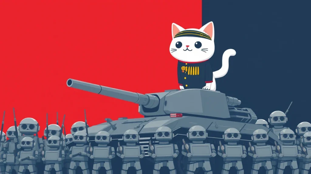 OpenAI Eyes NATO After Its Pentagon Deal: What Is Actually on the Table? 1 Illustration of a uniformed cat on a tank above rows of robots.