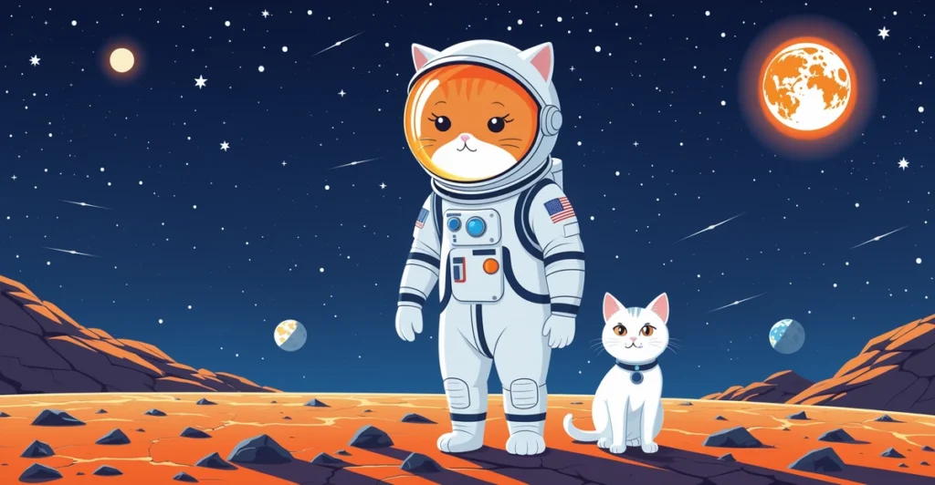Cartoon cat in astronaut suit looking worried next to cracked heat shield, Artemis II illustration