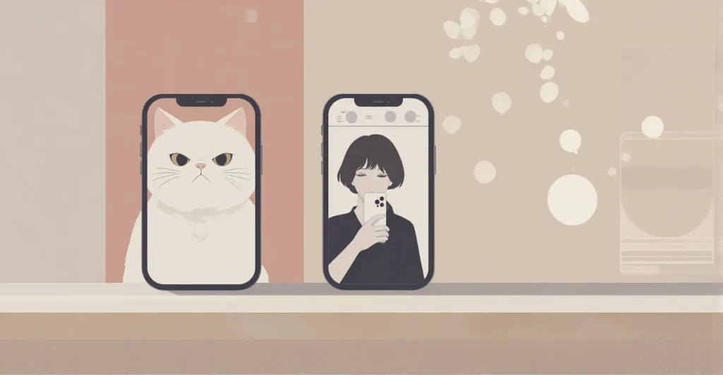 Kawaii cat with smartphone comparing BeReal and Instagram apps