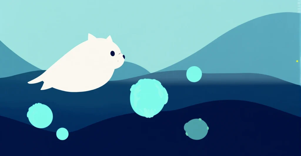 Cute kawaii cat in diving suit floating in deep ocean surrounded by bioluminescent creatures and amphipods near manganese nodules