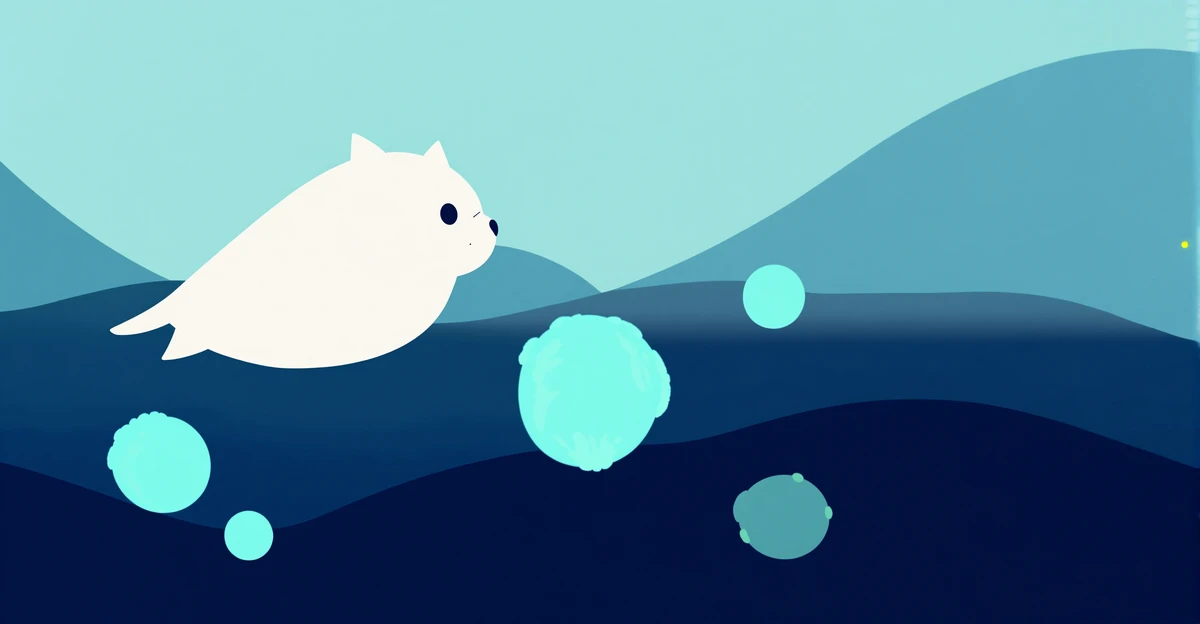 Cute kawaii cat in diving suit floating in deep ocean surrounded by bioluminescent creatures and amphipods near manganese nodules