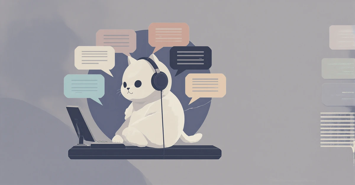 Kawaii cat with headset surrounded by Discord server icons and chat bubbles