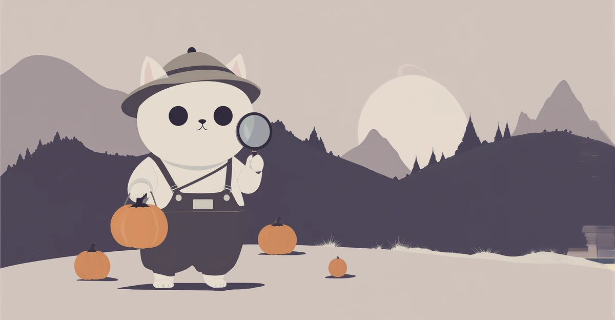 Kawaii white cat farmer with a magnifying glass investigating mysterious disappearances in a cozy horror farming town