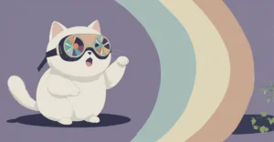 Kawaii cat with colorful 16-lens goggles like mantis shrimp