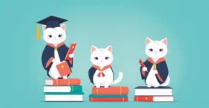 Kawaii cat in graduation robes holding research papers between US and China globes, representing the NeurIPS AI research geopolitics conflict