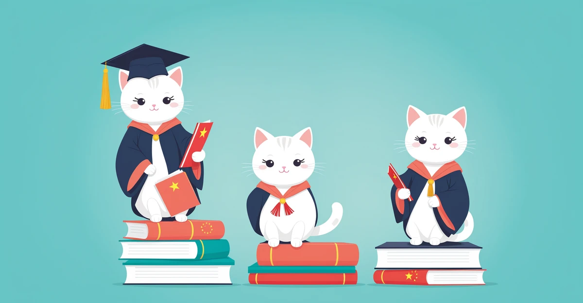 Kawaii cat in graduation robes holding research papers between US and China globes, representing the NeurIPS AI research geopolitics conflict