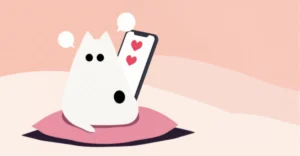 Cute white cat with skeptical expression looking at a sycophantic chatbot on a smartphone, flat vector kawaii illustration