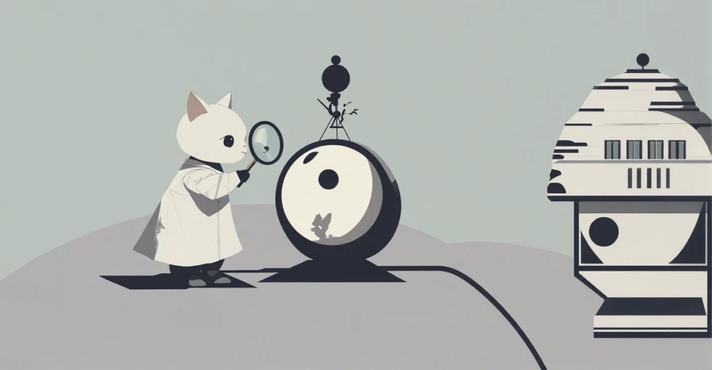 Kawaii cat scientist examining a tardigrade under a magnifying glass