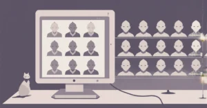 Minimalist illustration of a cat looking at a CRT monitor full of bot avatars, representing the dead internet theory