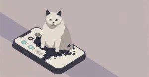 Illustration of a pudgy cat on a glitching smartphone screen, visualizing enshittification and platform decay