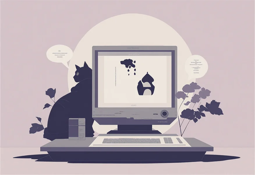 Illustration of a cat at a vintage computer screen representing the history of internet memes