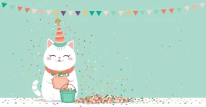 The Tech Pranks That Fooled the Whole Internet (and a Few That Accidentally Became Real) 2 Kawaii white cat wearing a jester hat balancing a confetti bucket, April Fools prank illustration