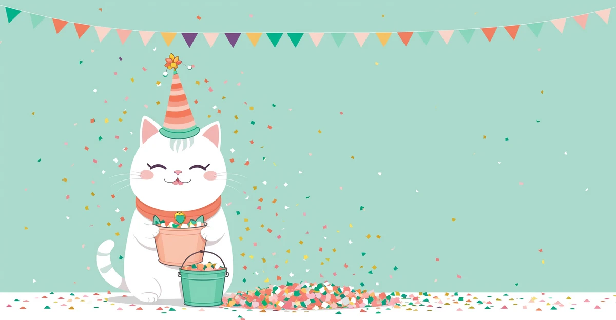 Kawaii white cat wearing a jester hat balancing a confetti bucket, April Fools prank illustration