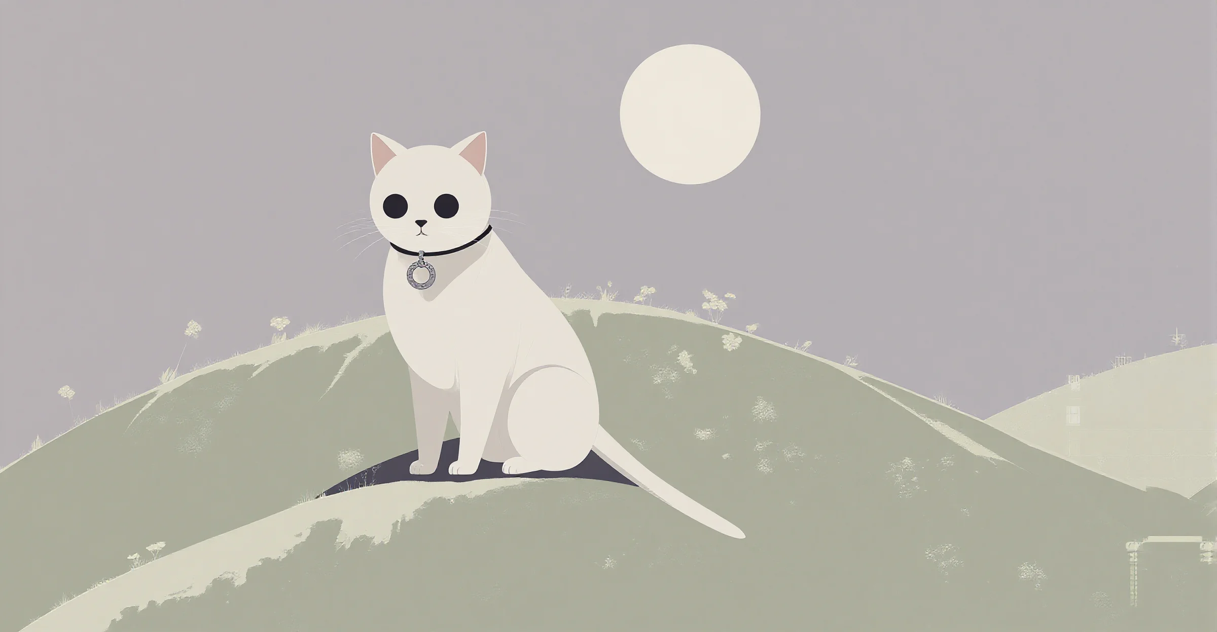 black cat on hilltop with ring pendant collar under full moon