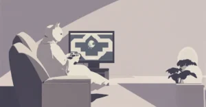 Minimalist illustration of a cat playing a roguelike vs roguelite game on a couch with a dungeon map on screen