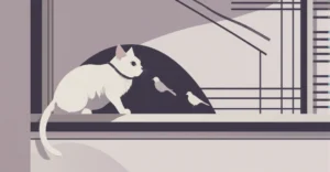 Illustration of a cat chirping at birds from a window, feline chattering behavior