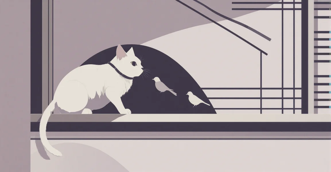 Illustration of a cat chirping at birds from a window, feline chattering behavior