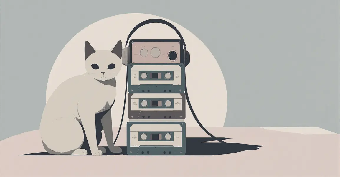Cassette tape comeback illustration with cat and Walkman, retro music revival 2026