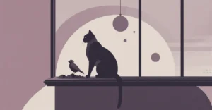 Illustration of a calm cat watching a bird from a windowsill with abstract dopamine molecule shapes floating in a magenta gradient background