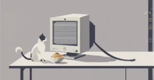 Minimalist illustration explaining what is copypasta with a cat at a CRT monitor showing repeated pasted text