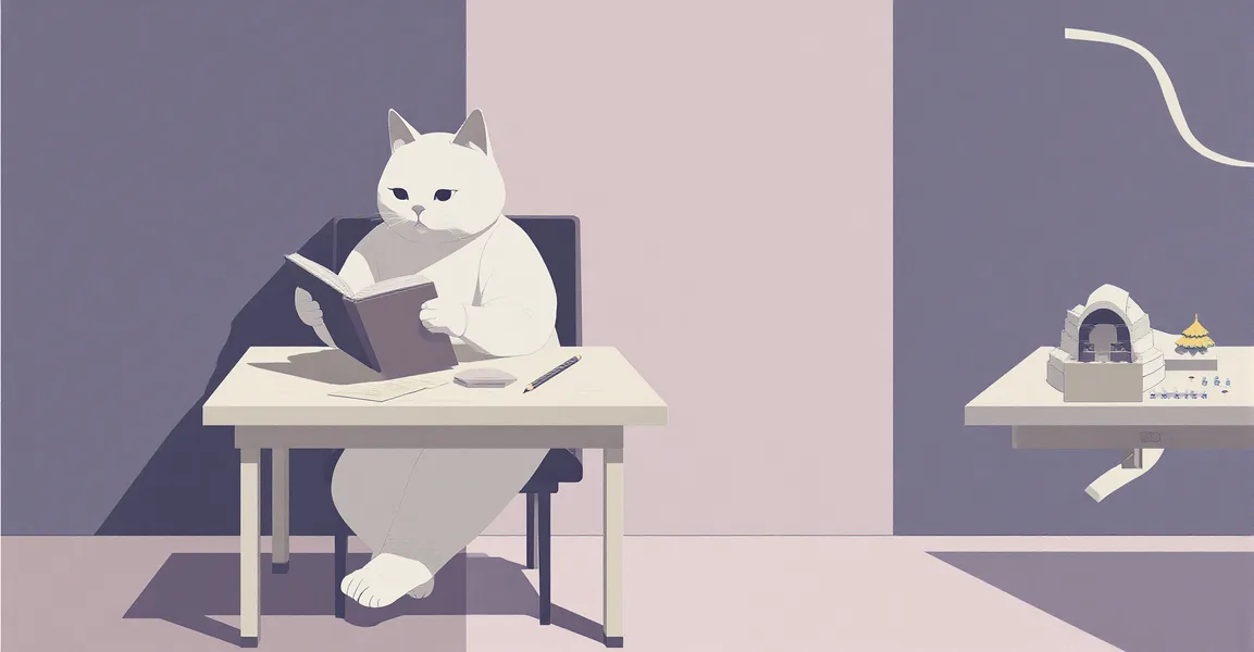 Illustrated cat reading a book with margin notes, representing how to remember what you read