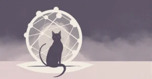 Illustrated cat next to a neural network diagram showing how LLMs work
