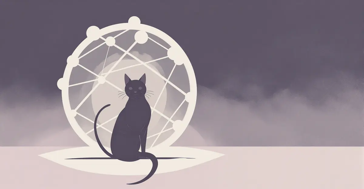 Illustrated cat next to a neural network diagram showing how LLMs work