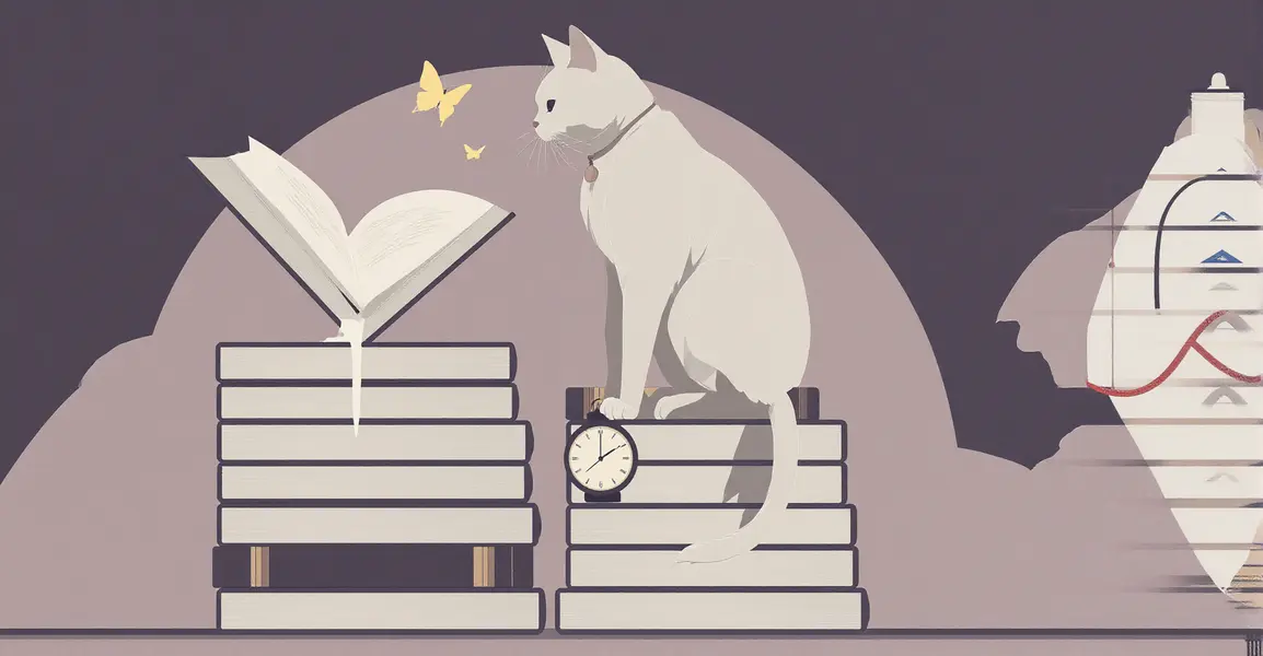 Minimalist cat illustration on a stack of books with magical realism vs surrealism dreamlike symbols