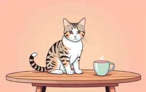 Illustration of a tabby cat about to knock a mug off a table, explaining why cats knock things off tables