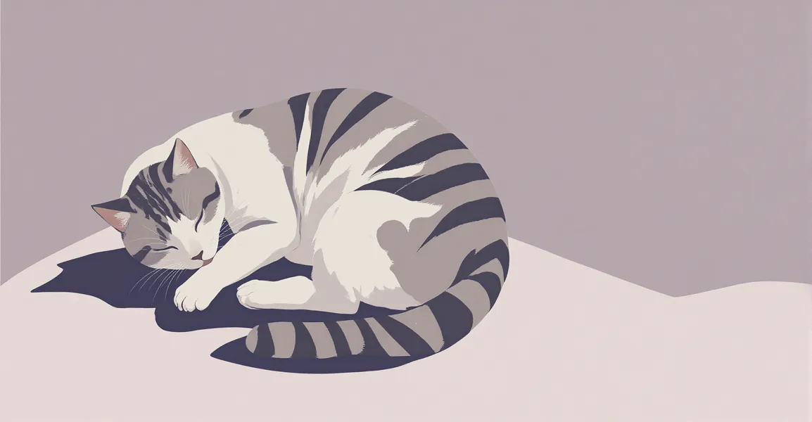 Minimalist illustration of a sleeping cat purring with visible vibration rings, why do cats purr