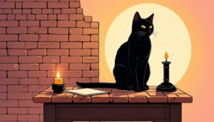 Illustration of a black cat on a candlelit desk beside a brick wall.