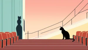 Illustration of a black cat in a cinema with its shadow cast on a wall.