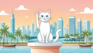 Kuching, the City of Cats: How a Malaysian Capital Built a Civic Identity on Felines 2 Illustration of a white cat statue with palm trees and a city skyline.