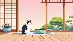 Neko Atsume and the Idle Game Boom: Why the Cats Only Come When You Leave 2 Illustration of a black-and-white cat in a Japanese room overlooking a garden.
