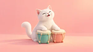 A white cat with its paws resting on two small drums.