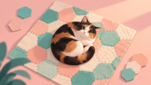 Calico: Why a Quilt Full of Cats Makes Such a Clever Puzzle 2 A calico cat curled on a pastel hexagonal patchwork quilt.
