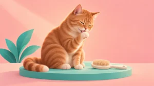 Why a Cat's Tongue Feels Like Sandpaper and Works Like a Brush 2 A ginger cat licking its forepaw beside a grooming brush.