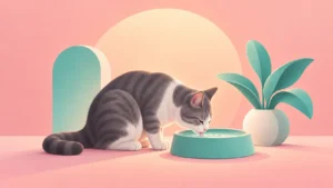 How Cats Drink: The Tiny Water Column Behind Every Sip 2 A grey-and-white cat drinking from a mint bowl in a pastel illustration.