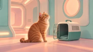 A ginger cat beside an open carrier in an illustrated spacecraft corridor.