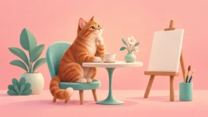 A cat at a small tea table beside an easel in a whimsical pastel scene.