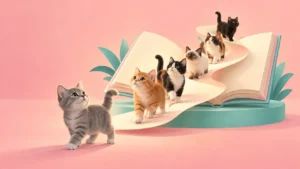 Cats emerging from an open picture book toward a small grey kitten.