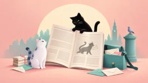 Cats beside letters, a mailbag and an illustrated newspaper in a playful scene about a cat-post story.