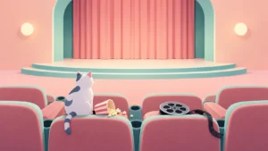 A cat sitting among empty cinema seats beside popcorn and a film reel.
