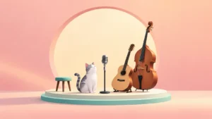 Cat Power, Cat Stevens and Stray Cats: Three Musical Identities 2 A cat beside a microphone, guitar and double bass on a pastel stage.