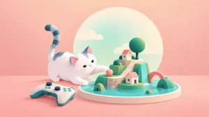 A white cat playing beside a toy island and a video-game controller.