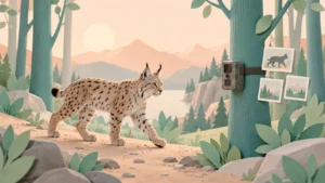 A lynx walks past a camera trap beside three small wildlife image tiles.
