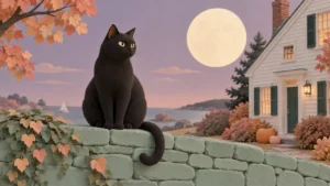 Binx in Hocus Pocus: The Cat at the Heart of Halloween 2 An original black cat sits before an old New England-style house with pumpkins and a moon.