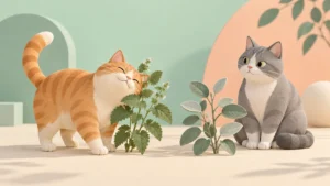Catnip and Silvervine: What Makes Cats Roll? 2 A ginger cat rubs near leafy plants while a grey cat watches.